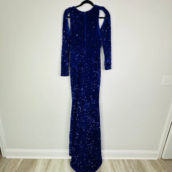 Fashion Nova Royal Blue Jaw Dropper Sequin Maxi Dress Size Large Long Sleeves - Picture 7 of 7